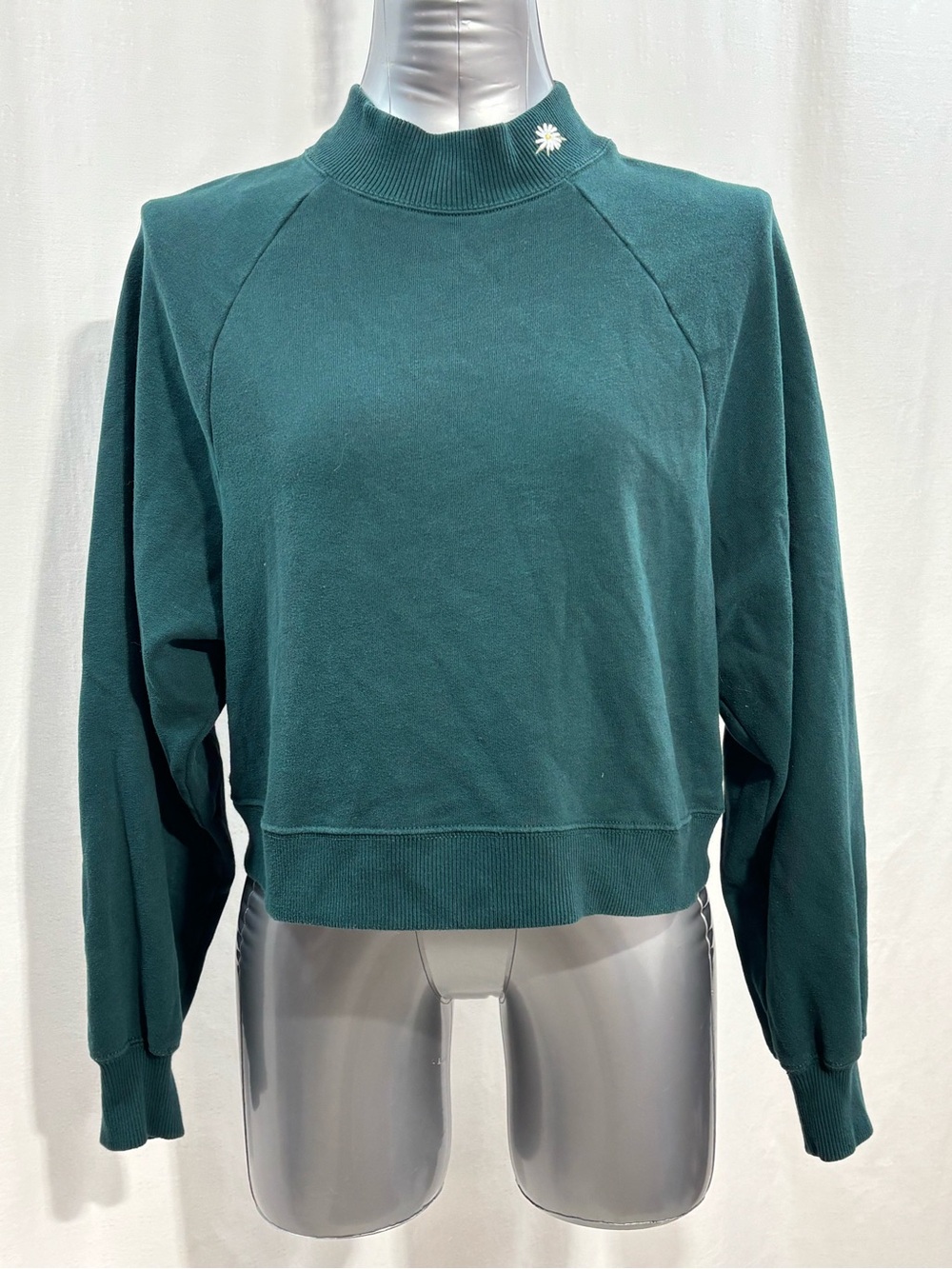 Hollister Co. Green Mock Neck Cropped Sweatshirt with Embroidered Daisy Med -545
